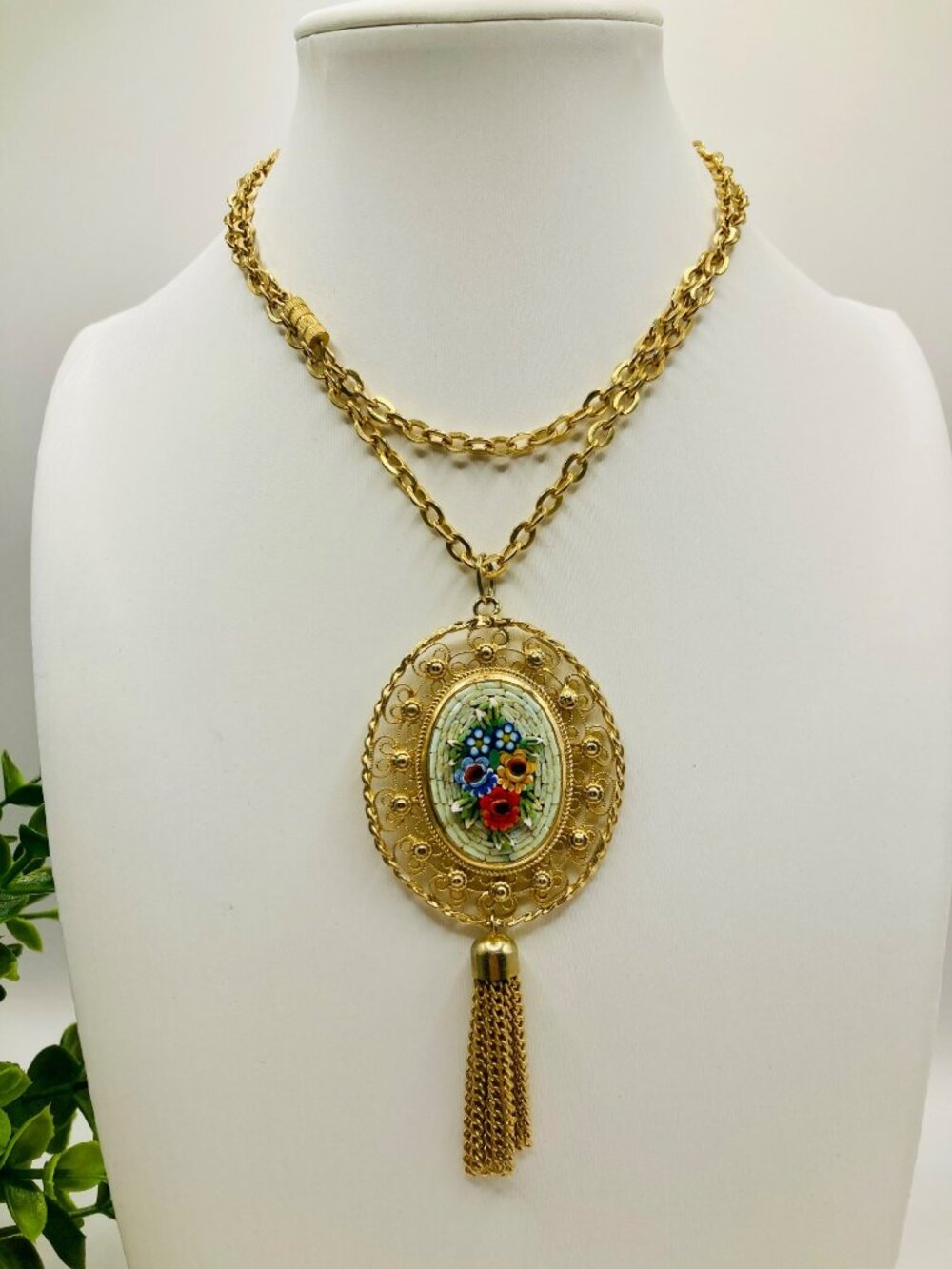 Vintage Gold-Tone Micro Mosaic Pendant Necklace Tassel Floral Design -48B